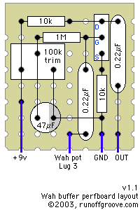 wah-wah buffer/impedance matcher perfboard layout